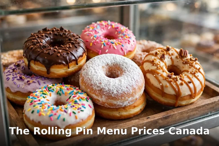 The Rolling Pin menu prices Canada 2026: gourmet doughnuts with chocolate glaze, sprinkles and caramel drizzle in a bakery display case