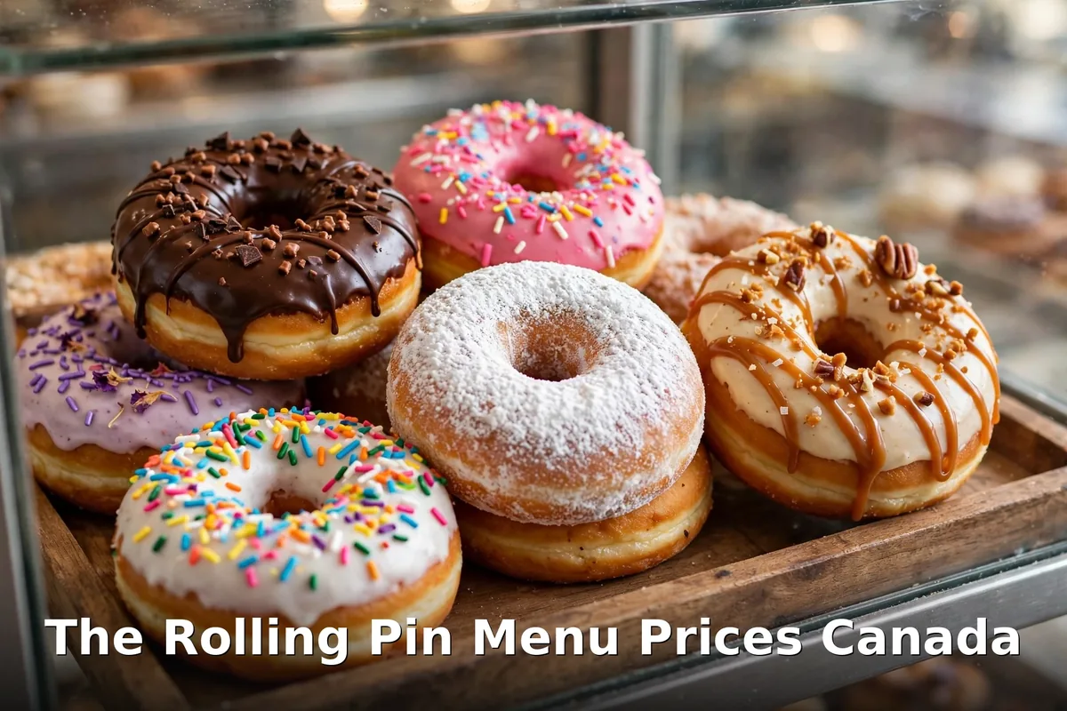 The Rolling Pin menu prices Canada 2026: gourmet doughnuts with chocolate glaze, sprinkles and caramel drizzle in a bakery display case