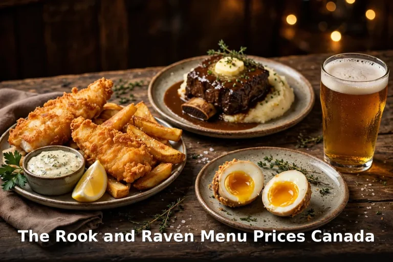 The Rook and Raven menu prices Canada 2026 featured: AI-generated gastropub food spread with PIL keyword overlay "The Rook and Raven Menu Prices Canada"