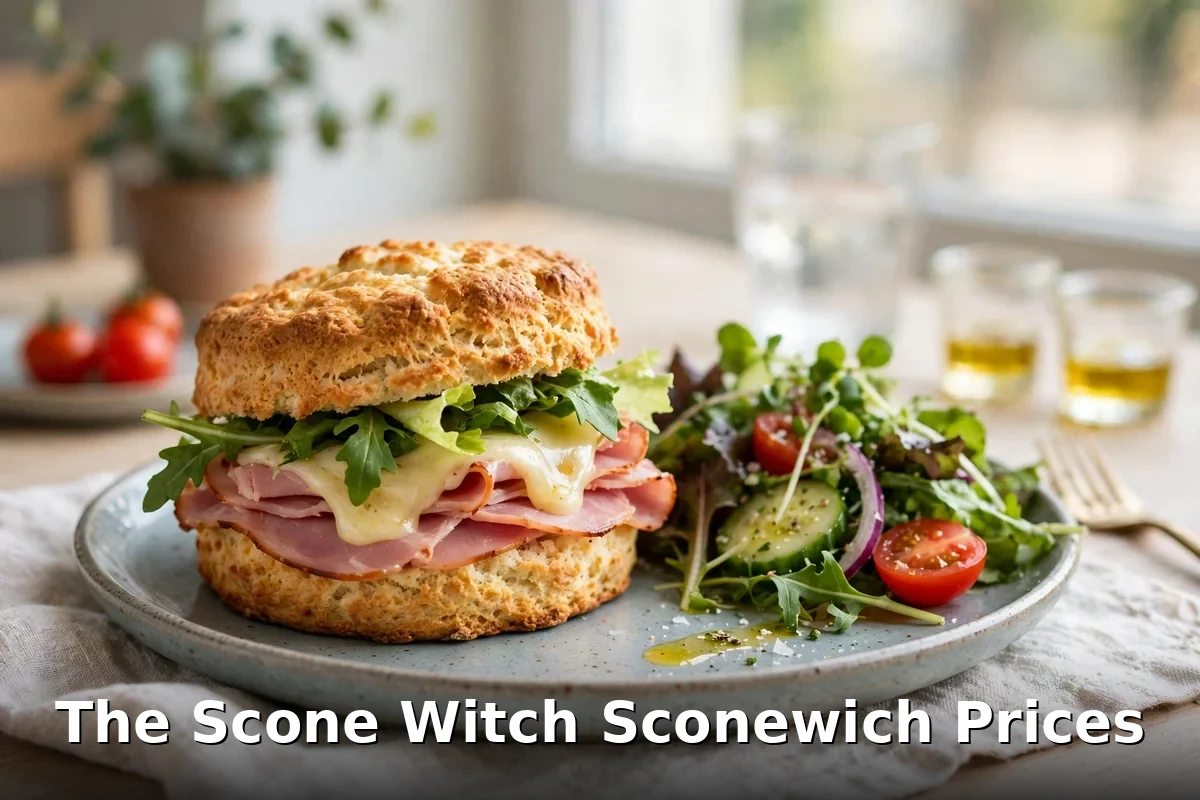 The Scone Witch sconewich prices Canada, ham and gruyere sconewich on a fresh scone with side salad