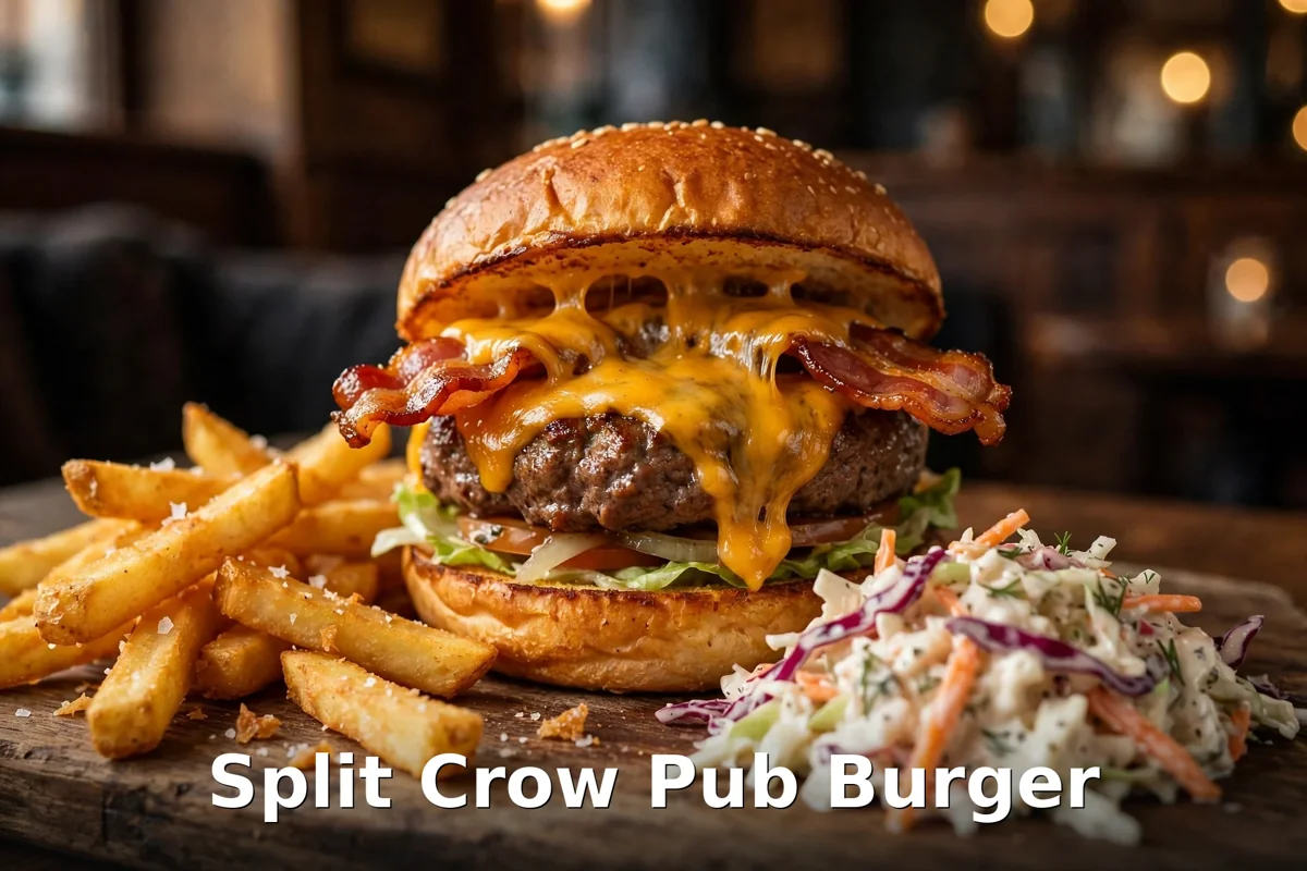 Split Crow Pub Burger with fries and coleslaw, Split Crow Pub Burger menu prices Canada