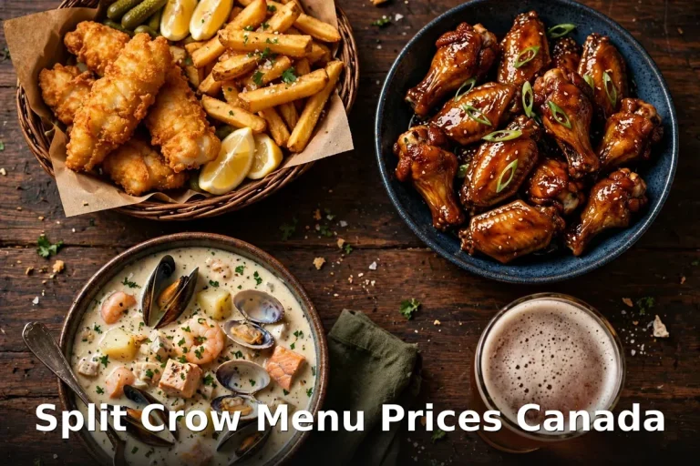 The Split Crow pub spread with fish and chips, wings and chowder, Split Crow menu prices Canada 2026