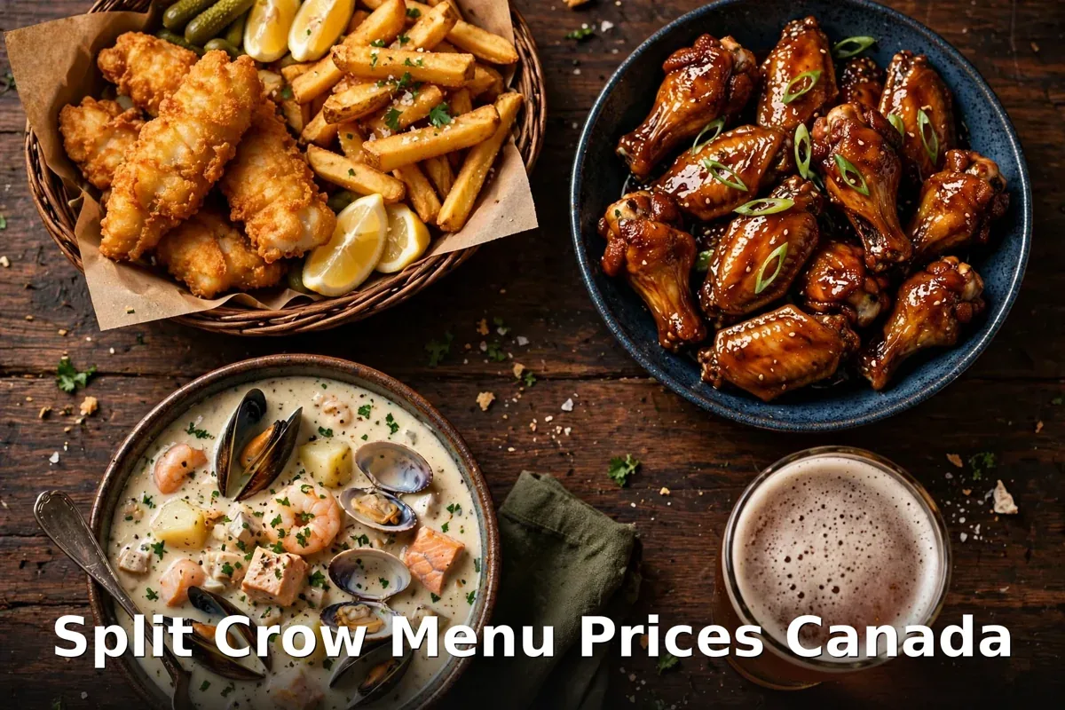 The Split Crow pub spread with fish and chips, wings and chowder, Split Crow menu prices Canada 2026