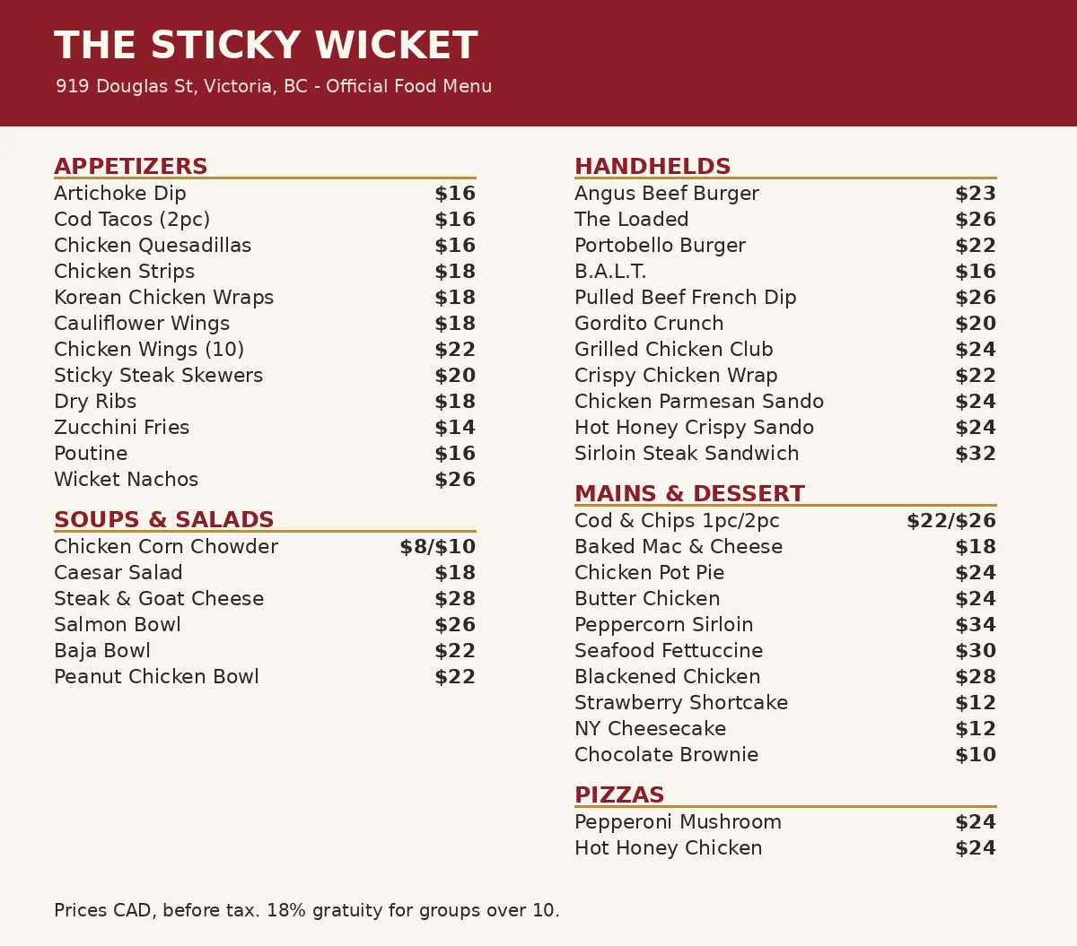 Sticky Wicket menu prices Canada, official Strathcona Hotel food menu card with appetizers, burgers and mains in CAD
