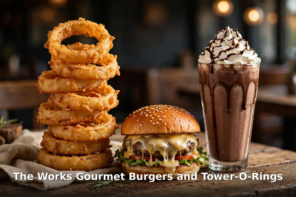 The Works Gourmet Burger Bistro Tower-O-Rings and milkshake prices Canada: stacked onion rings, gourmet burger and classic milkshake