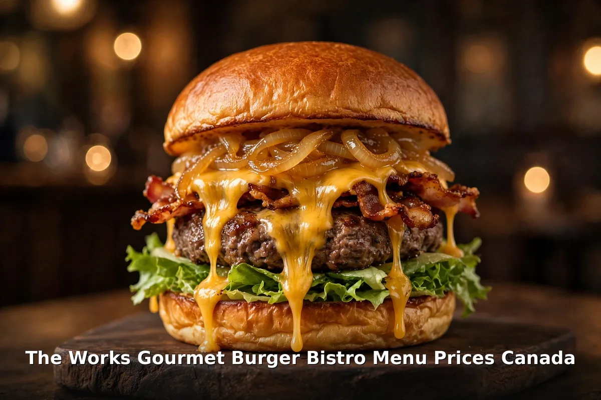 The Works Gourmet Burger Bistro menu prices Canada 2026: AI-generated gourmet cheeseburger with melted cheese, crispy fries and stacked Tower-O-Rings