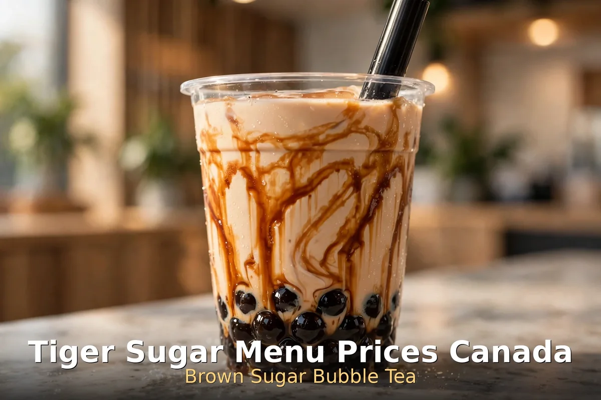 Tiger Sugar menu prices Canada 2026: brown sugar boba milk with tiger stripes in a tall cup