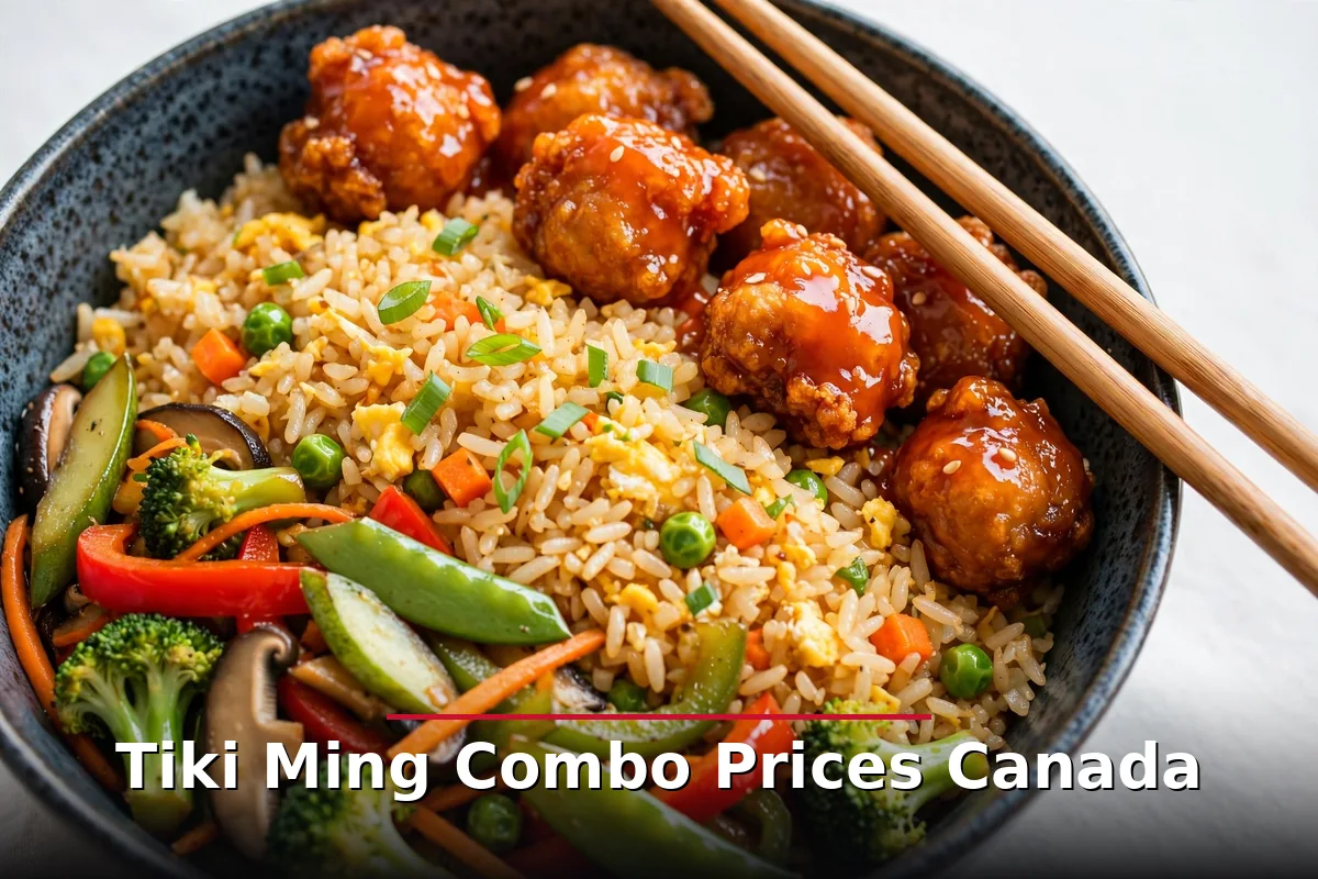 Tiki Ming style combo bowl with fried rice, sweet and sour chicken balls and mixed vegetables, tiki ming menu prices canada