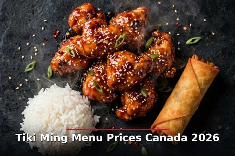 Glazed General Tso style chicken with sesame seeds, steamed rice and crispy egg roll on dark slate, tiki ming menu prices canada