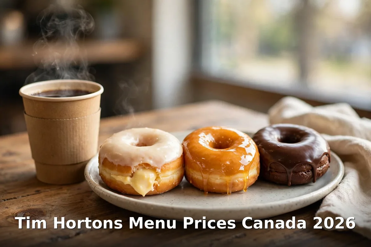 Tim Hortons menu prices Canada 2026, AI coffee and donuts photo with keyword text overlay