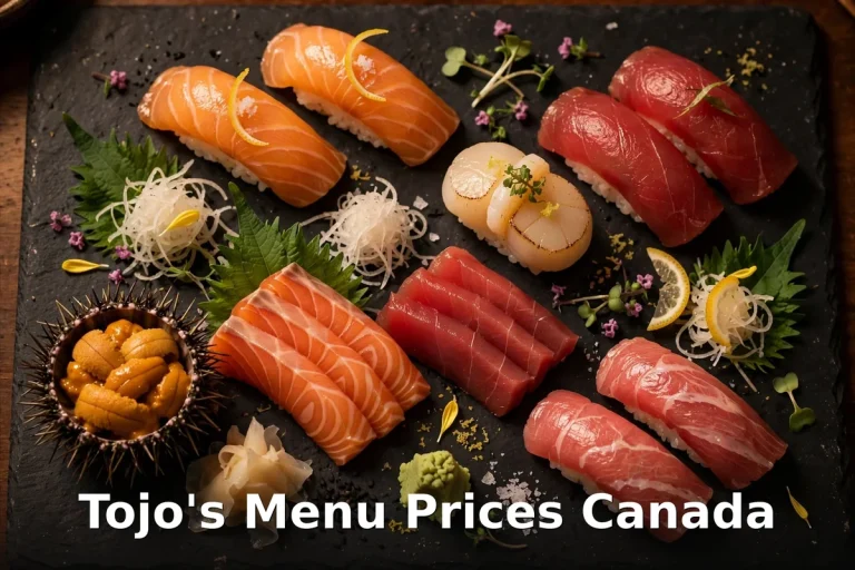 Tojo's menu prices Canada - omakase sushi platter on black slate, Tojo's menu prices
