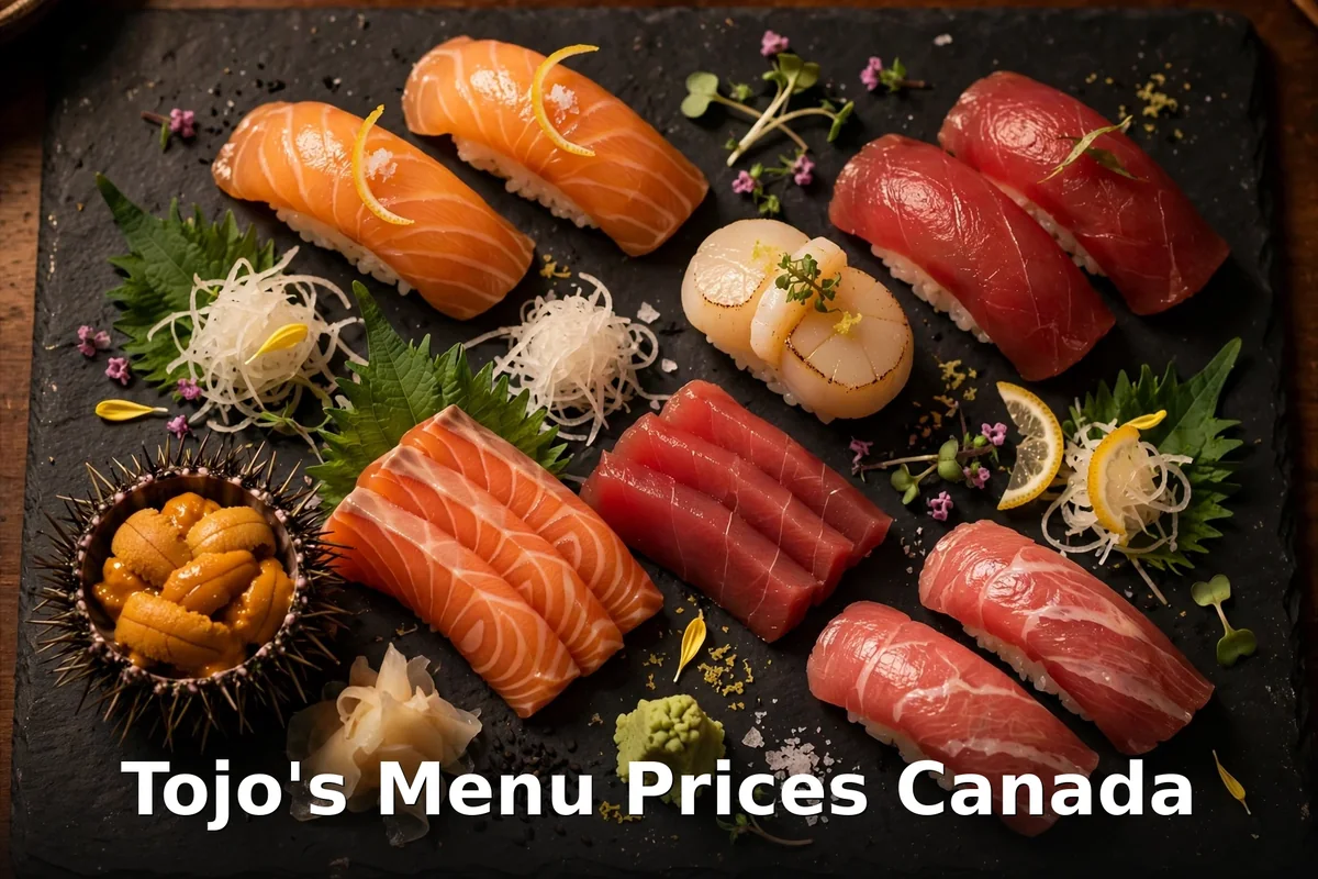 Tojo's menu prices Canada - omakase sushi platter on black slate, Tojo's menu prices
