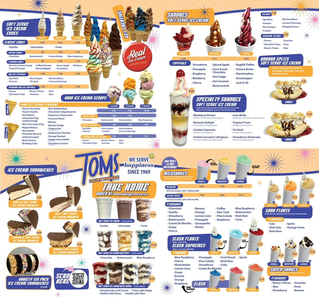 Tom's Dairy Freeze menu card 2026 with verified CAD prices for soft serve cones, scoops, sundaes and milkshakes, tom's dairy freeze menu prices