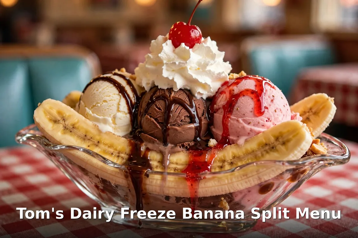 Tom's Dairy Freeze banana split with vanilla, chocolate and strawberry ice cream in a glass dish, tom's dairy freeze menu prices