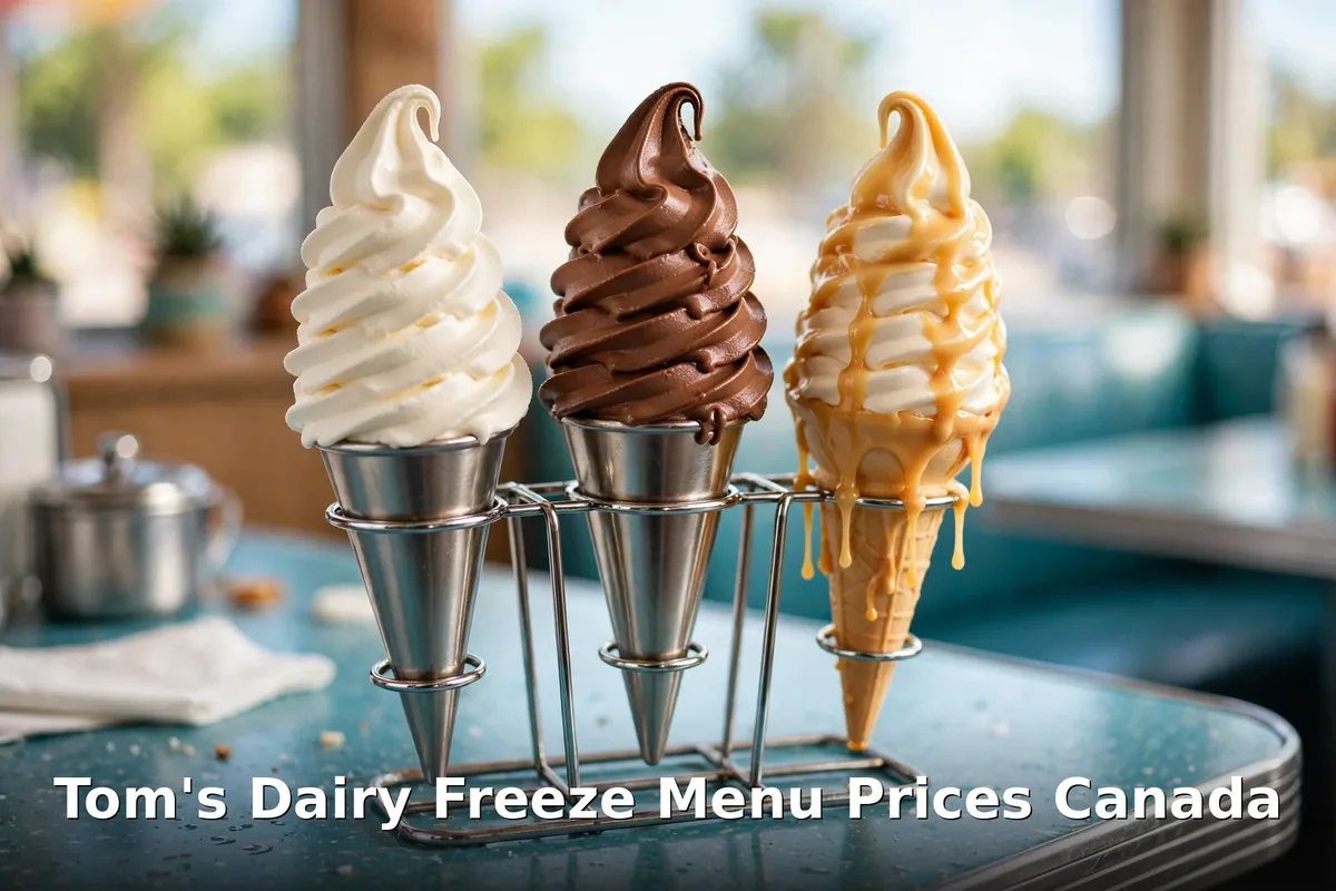 Tom's Dairy Freeze menu prices 2026, AI soft serve cones photo with keyword text overlay, toms dairy freeze menu prices