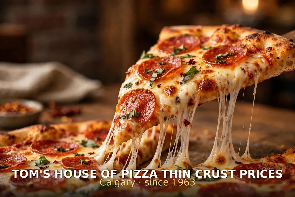 Thin-crust pizza slice with cheese pull, Tom's House of Pizza menu prices Calgary