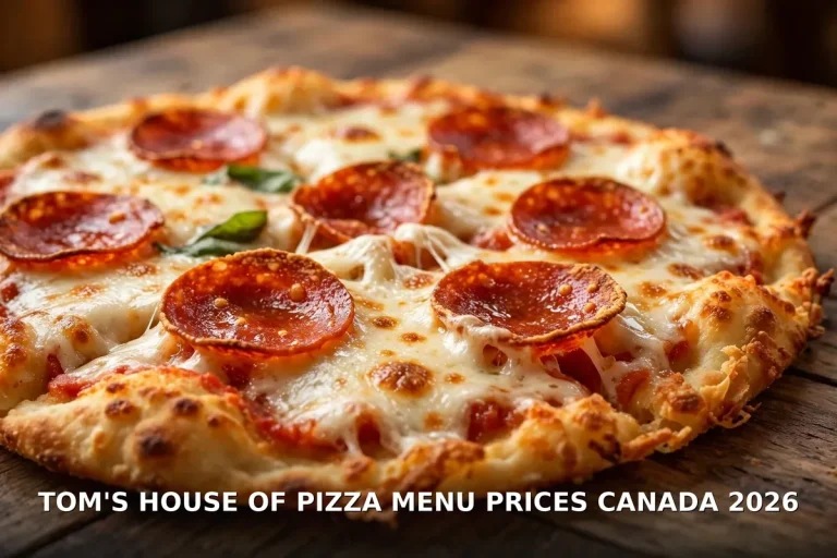 Tom's House of Pizza menu prices Canada 2026: thin-crust pepperoni pizza with melted mozzarella and golden crispy edge