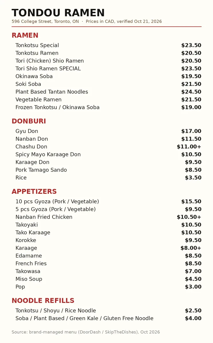 Tondou Ramen menu card with current Canadian prices in CAD, tondou ramen menu prices canada