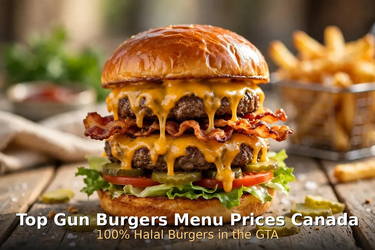 Top Gun Burgers menu prices Canada: 100% halal double cheeseburger with dripping cheddar, beef bacon and golden fries