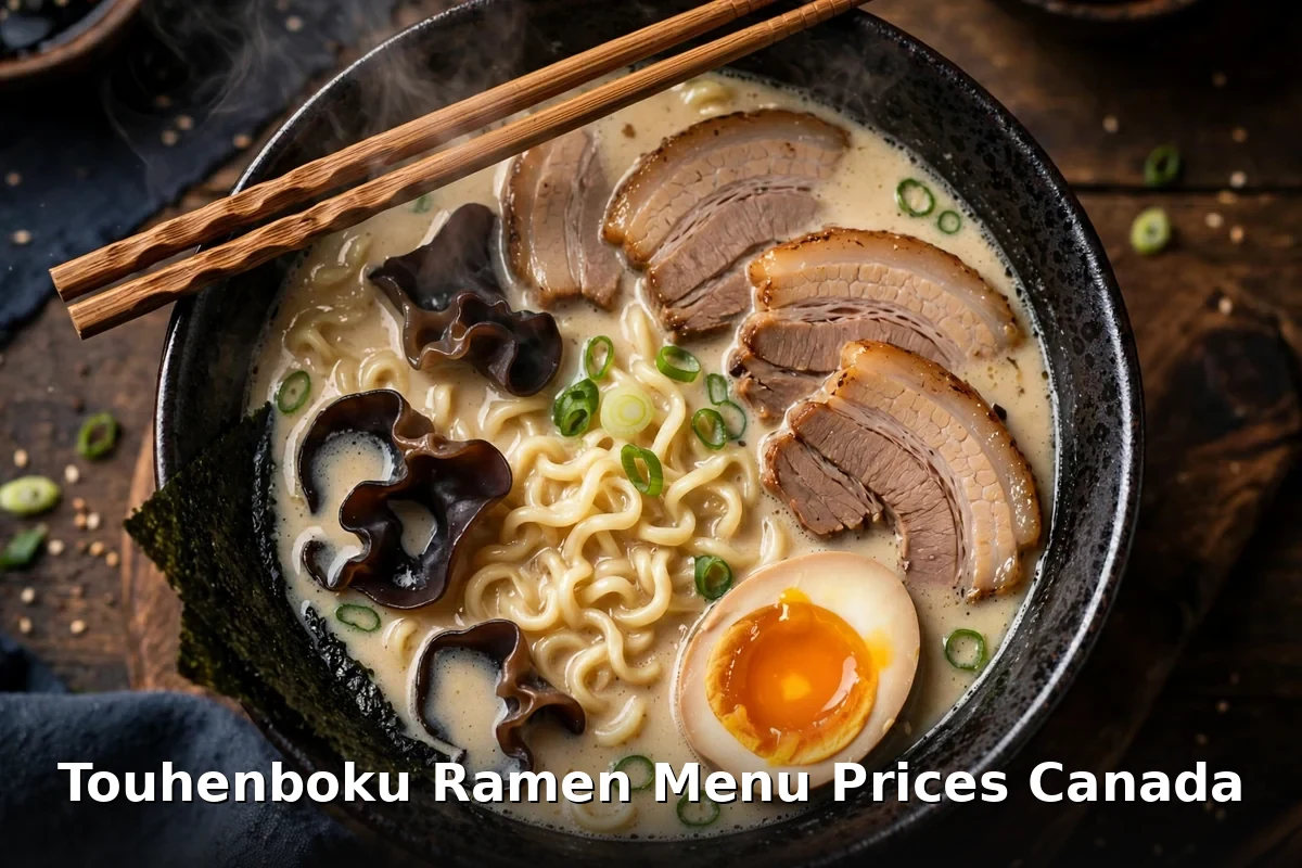 Touhenboku Ramen bowl with chashu and egg, Touhenboku Ramen menu prices Canada 2026