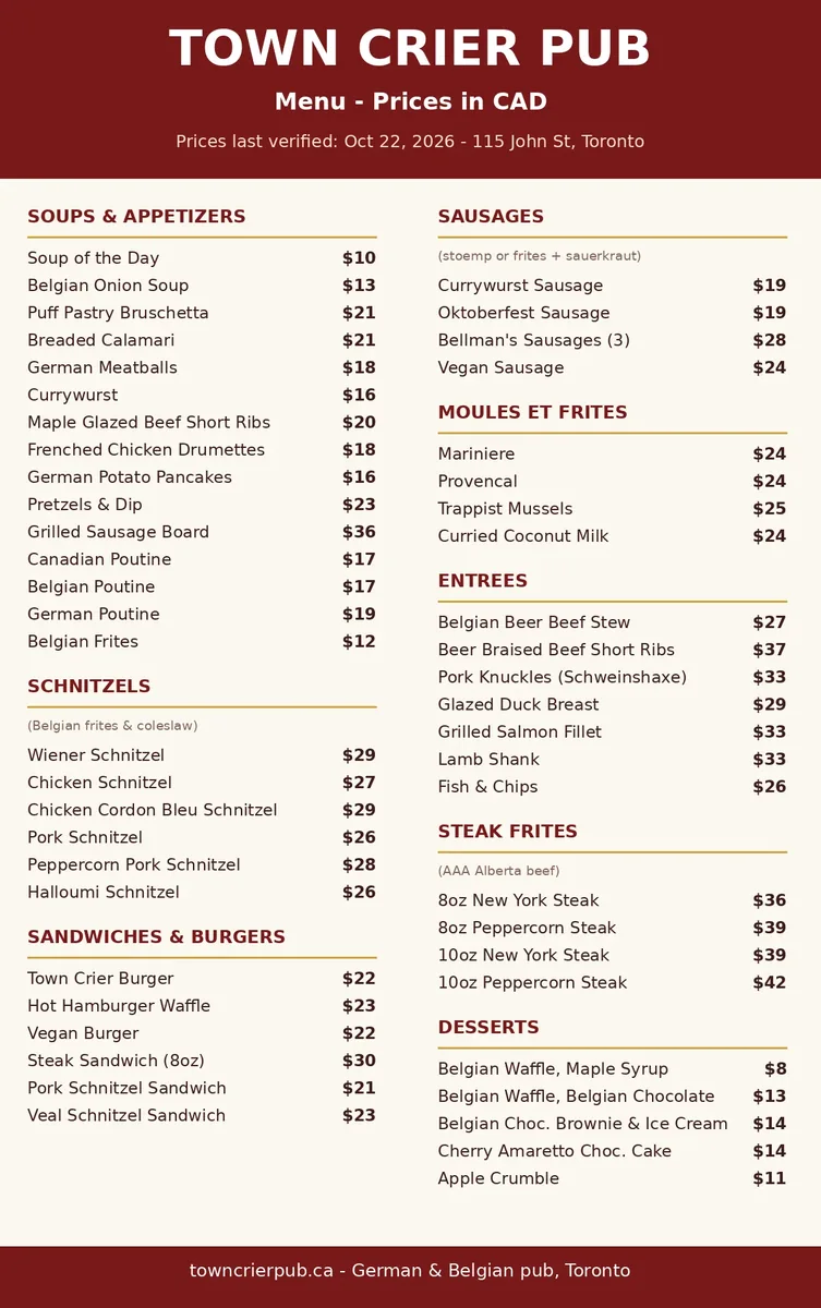Town Crier Pub official menu card showing German and Belgian food prices in CAD, town crier pub menu prices canada