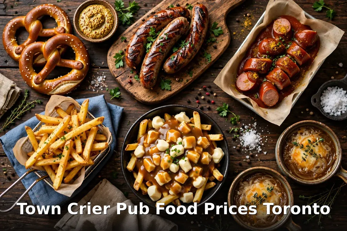 Town Crier Pub Belgian and German pub food spread with schnitzel and beer, town crier pub belgian frites menu prices