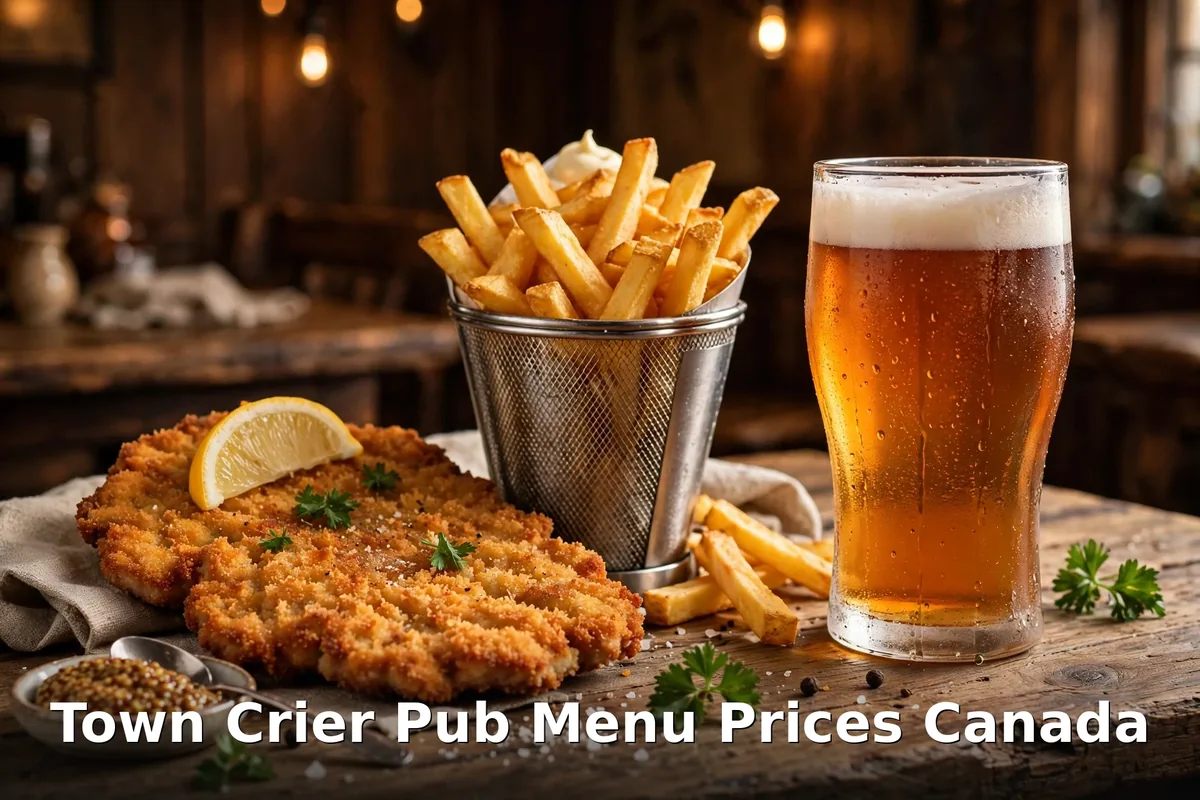 Town Crier Pub German pub food: schnitzel with beer, town crier pub menu prices canada 2026