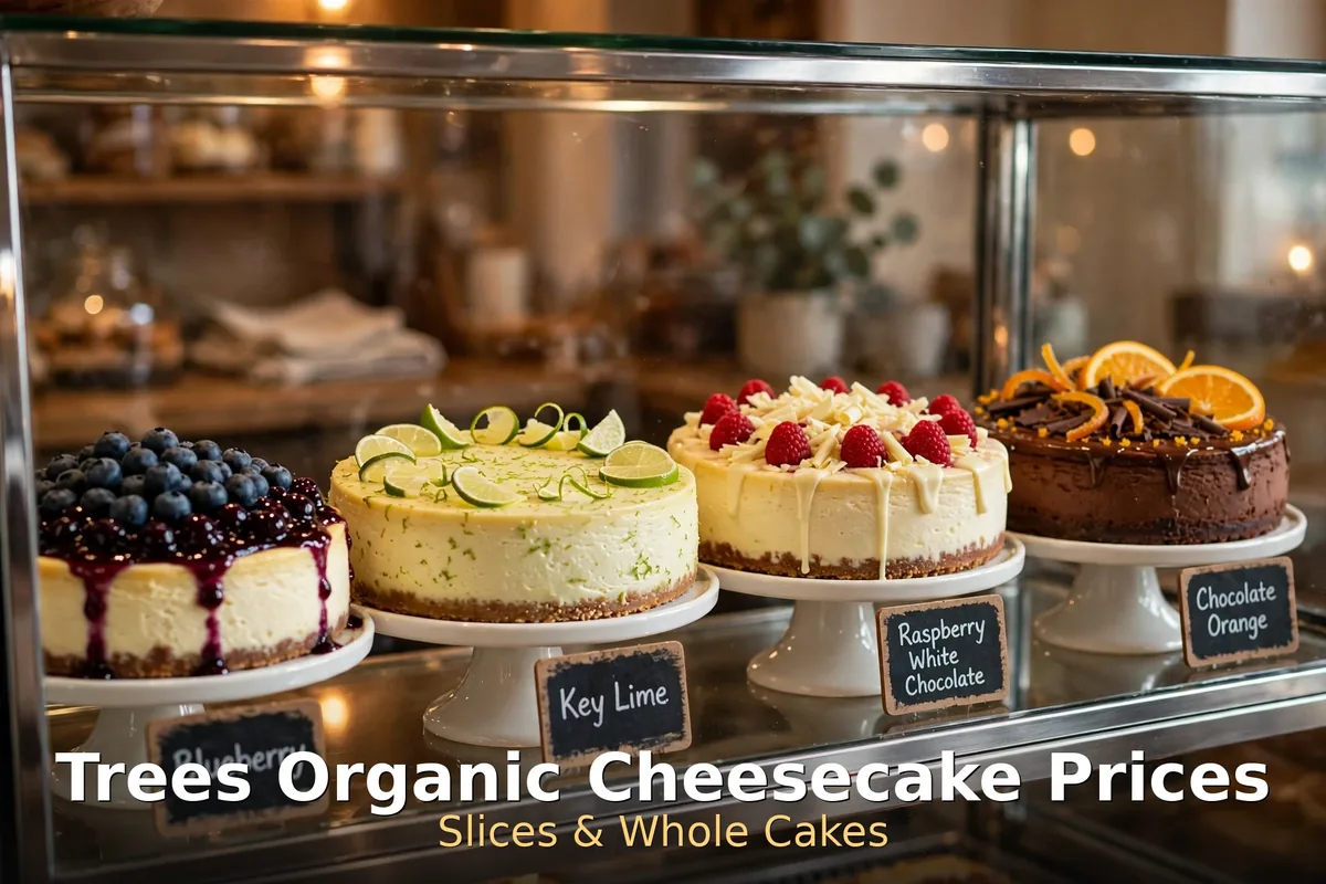Trees Organic Coffee cheesecake prices: award-winning cheesecake slices and whole cakes in a display case