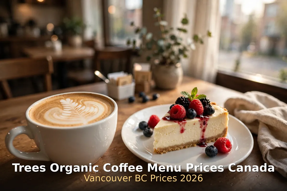 Trees Organic Coffee menu prices Canada 2026: latte art cup beside a berry-topped cheesecake slice