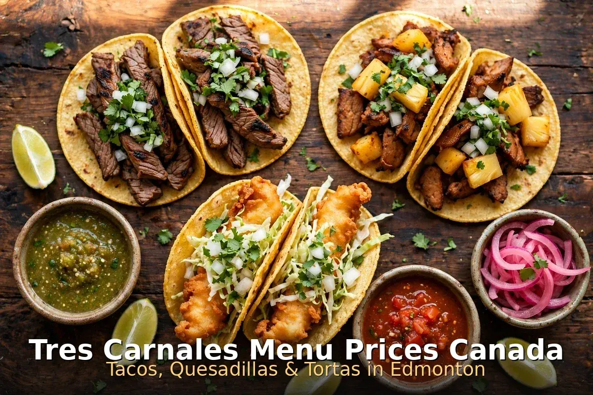 Tres Carnales menu prices Canada 2026 featured: AI-generated street tacos photo