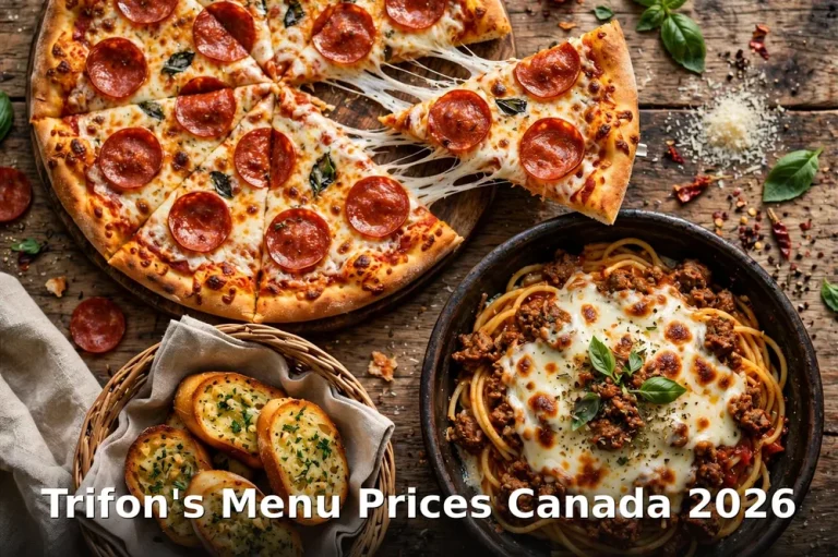 Trifon's Pizza menu prices Canada 2026: gourmet pizza spread, Regina Saskatchewan