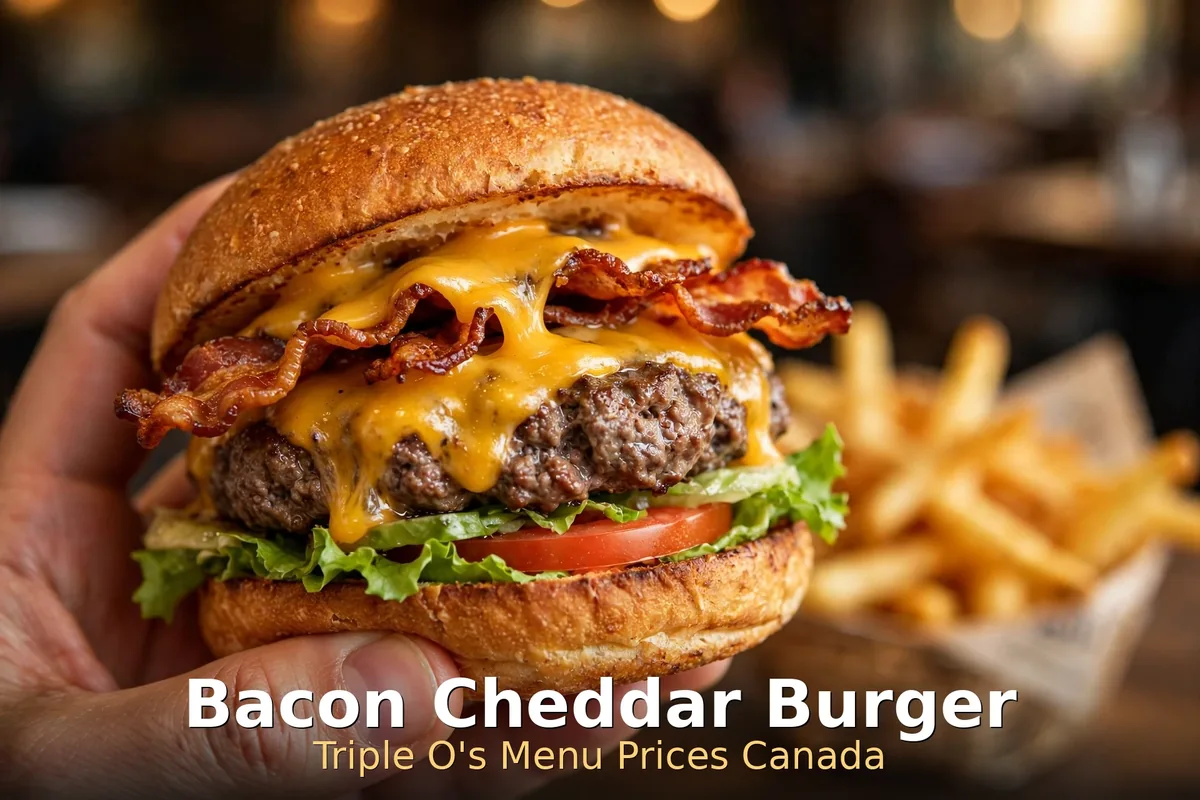 Triple O's Bacon Cheddar burger menu prices Canada: crispy bacon cheeseburger close-up