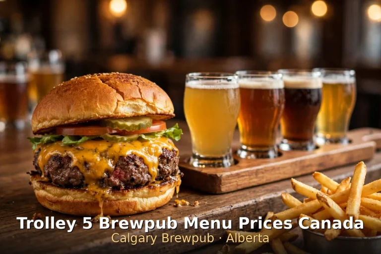 Trolley 5 Brewpub menu prices, Calgary brewpub spread with craft beer, burgers and dim sum at Trolley 5 Brewpub Canada 2026