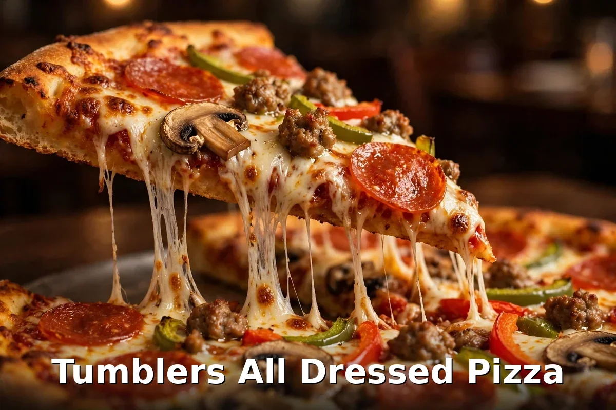 Tumblers All Dressed Pizza slice with pepperoni, sausage, peppers and melted cheese, Tumblers Pizza All Dressed price Regina