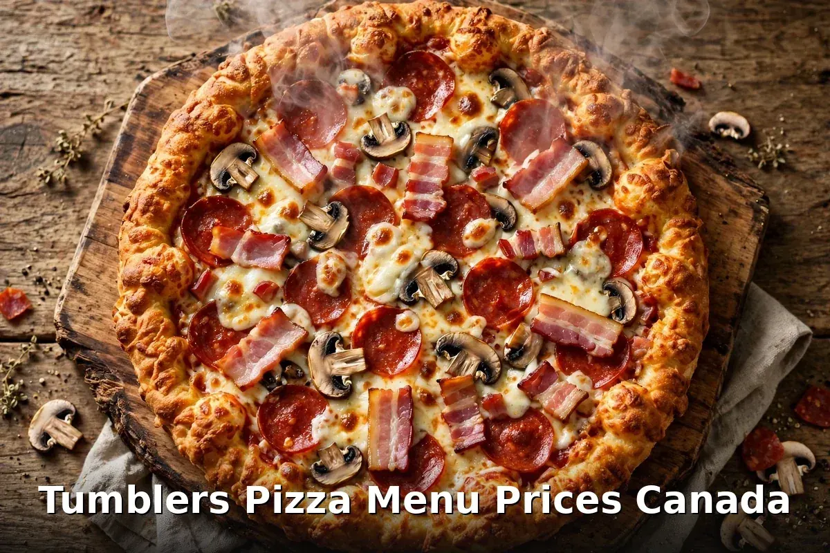 Tumblers Pizza loaded Regina-style pizza with pepperoni, bacon and mushrooms, Tumblers Pizza menu prices Canada 2026