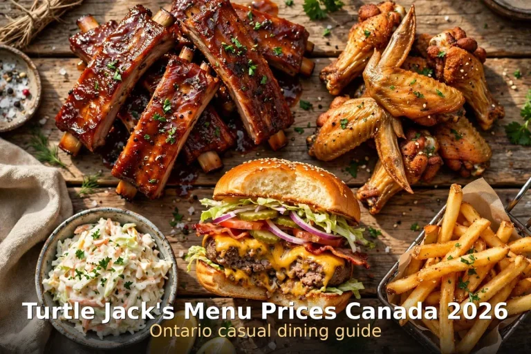 Appetizing cottage-style grill spread of ribs, wings and a burger with the Turtle Jack's Menu Prices Canada 2026 text, turtle jacks menu prices canada