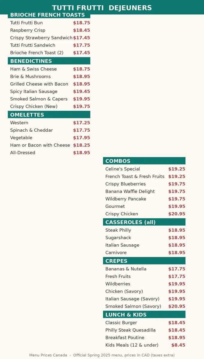 Tutti Frutti menu prices Canada menu card: brioche French toasts, benedictines, omelettes and combos in CAD