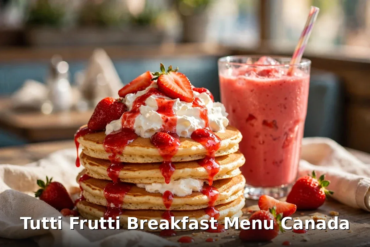 Strawberry pancake stack with strawberry smoothie at Tutti Frutti, tutti frutti breakfast menu prices Canada