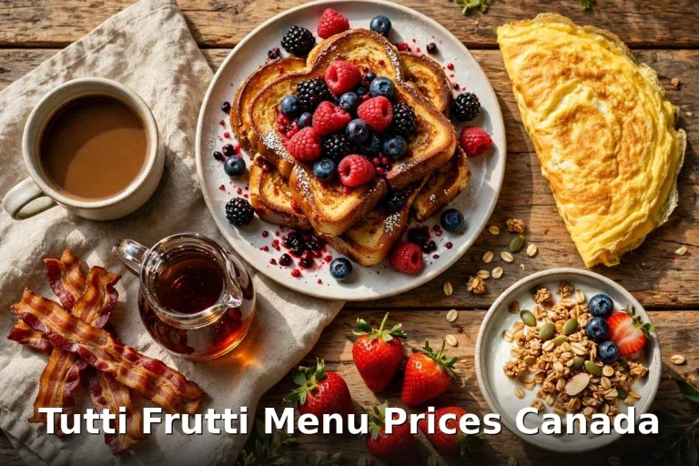 Tutti Frutti menu prices Canada 2026: brioche French toast with berries, omelette and breakfast spread