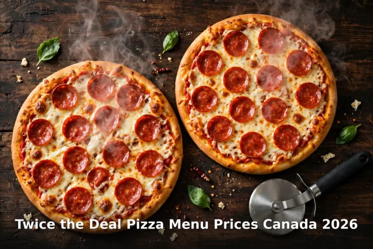 AI-generated pepperoni pizzas on a rustic table, twice the deal pizza menu prices canada 2026