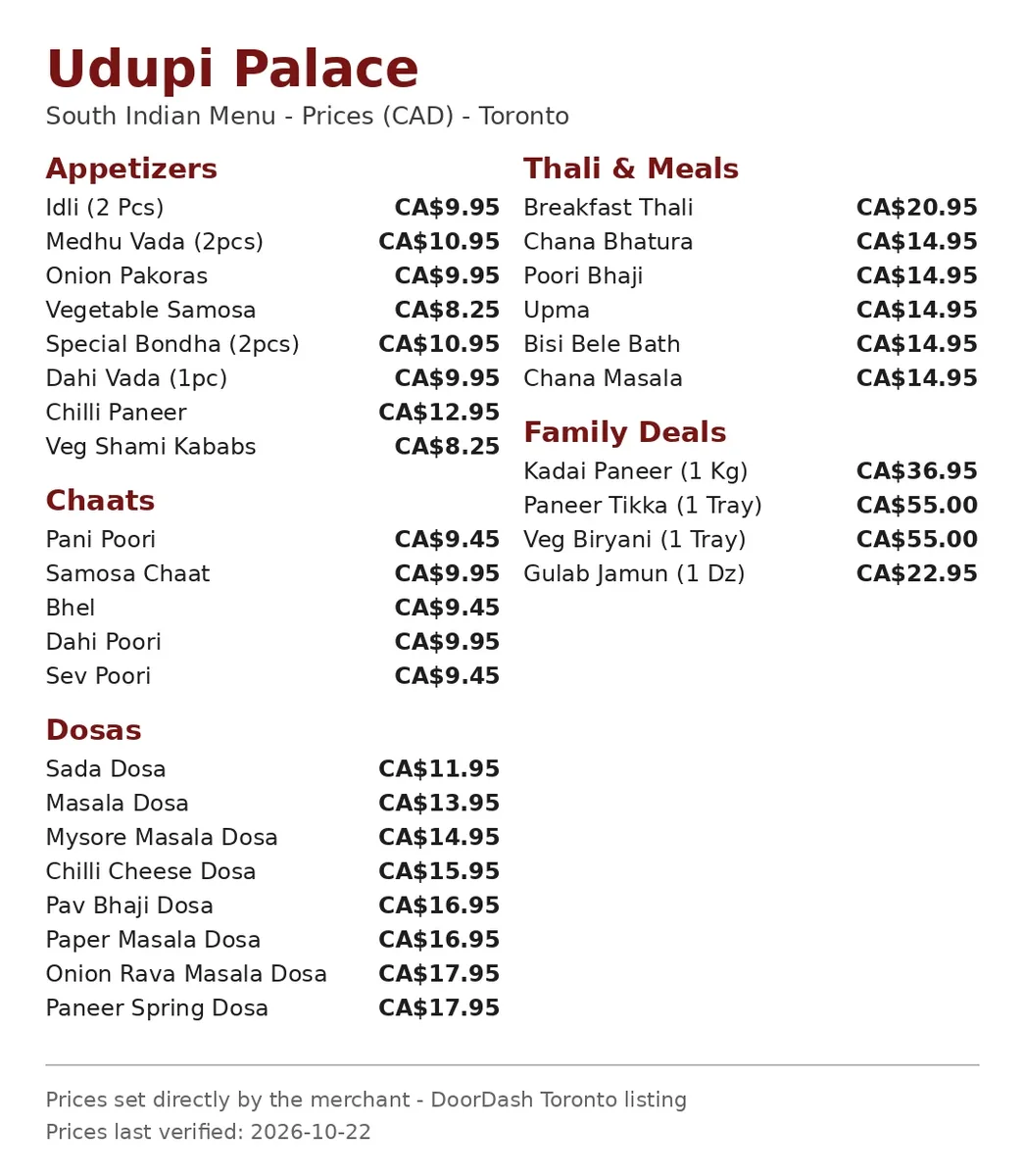 Udupi Palace official menu card showing dosa, chaat and appetizer prices in CAD, udupi palace menu prices canada