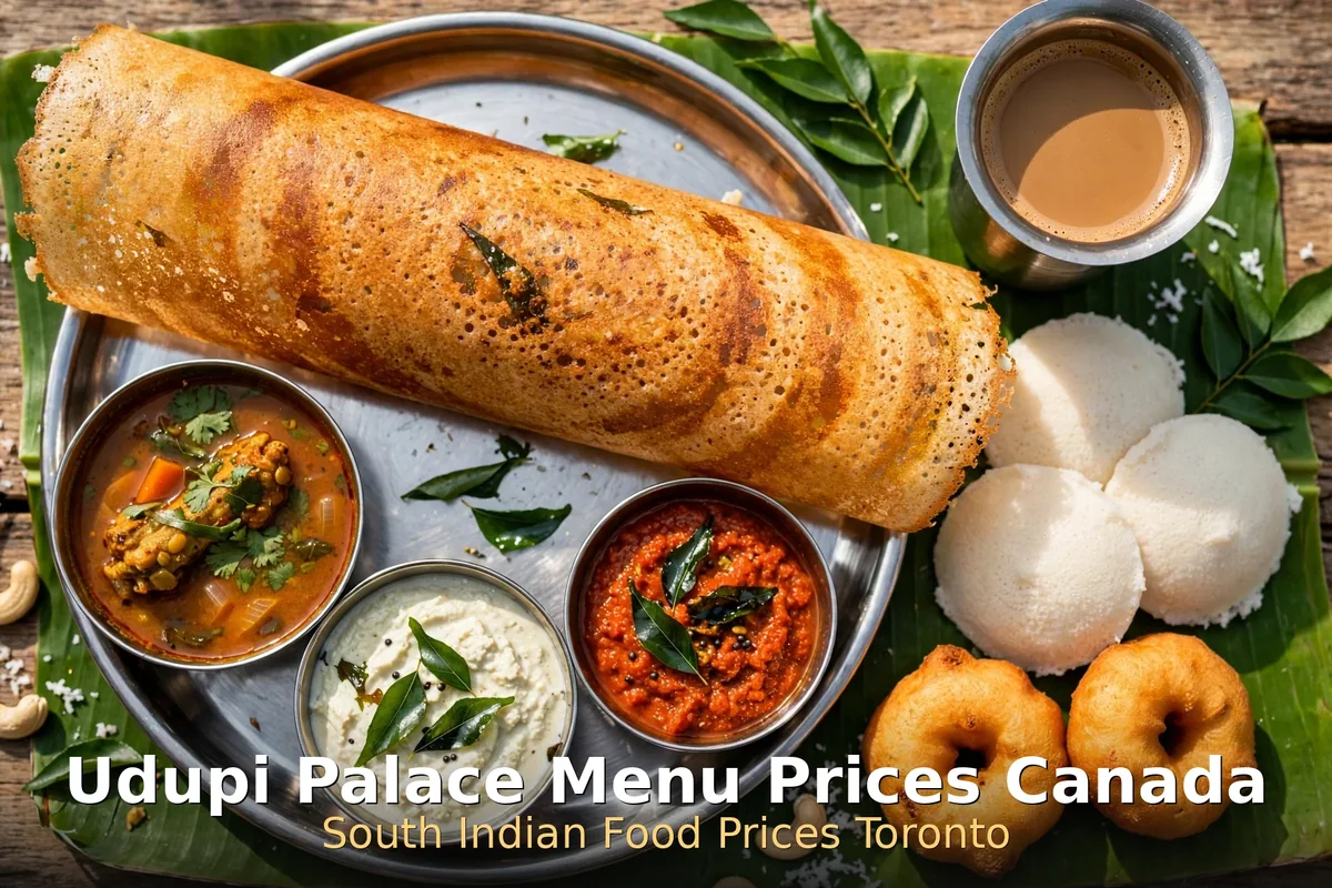 Crispy golden masala dosa with coconut chutney and sambar at Udupi Palace Toronto, udupi palace menu prices canada 2026