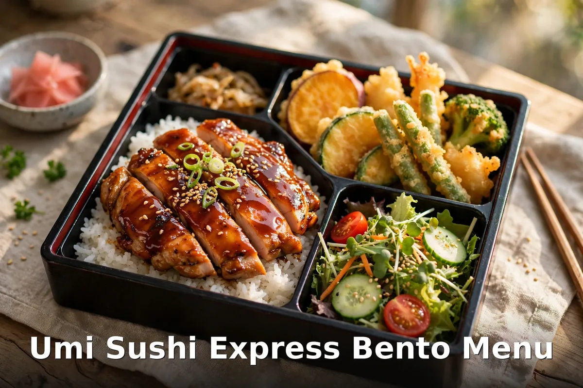 Umi Sushi Express teriyaki bento box with chicken, rice and sushi, umi sushi express teriyaki bento menu prices canada