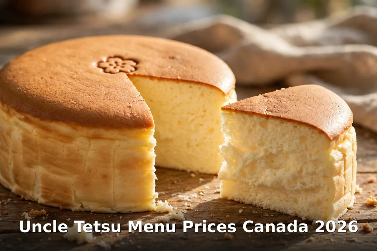 Uncle Tetsu menu prices Canada 2026: jiggly Japanese soufflé cheesecake with a slice cut, at the Fukuoka bakery's Toronto store