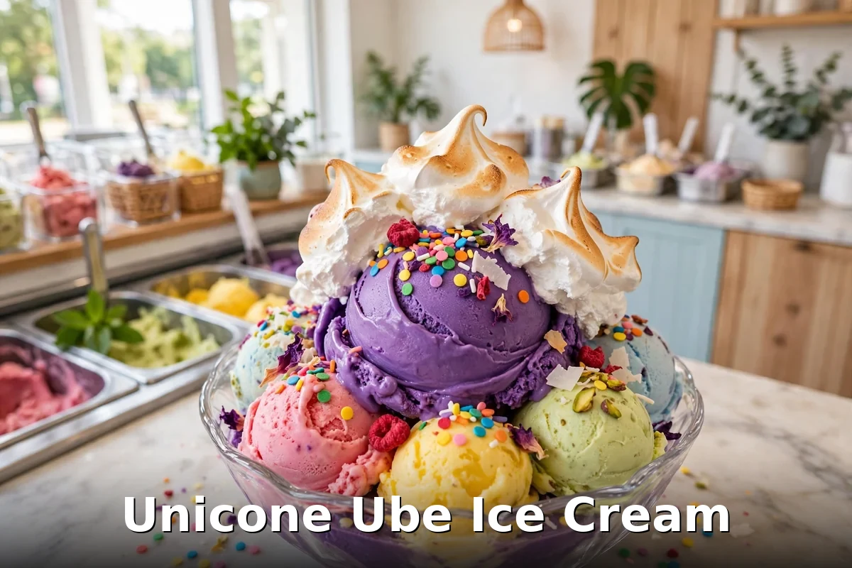 Unicone Ube Ice Cream, purple ube ice cream sundae with meringue and sprinkles in a Montreal ice cream shop