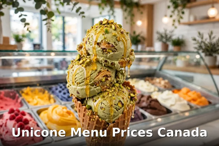Unicone menu prices Canada, Montreal pistachio baklava ice cream cone with honey drizzle in an ice cream shop
