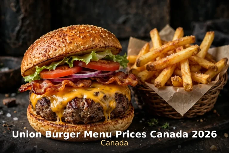 Fresh bacon cheeseburger with melted cheddar and hand-cut fries on a dark board, union burger menu prices canada