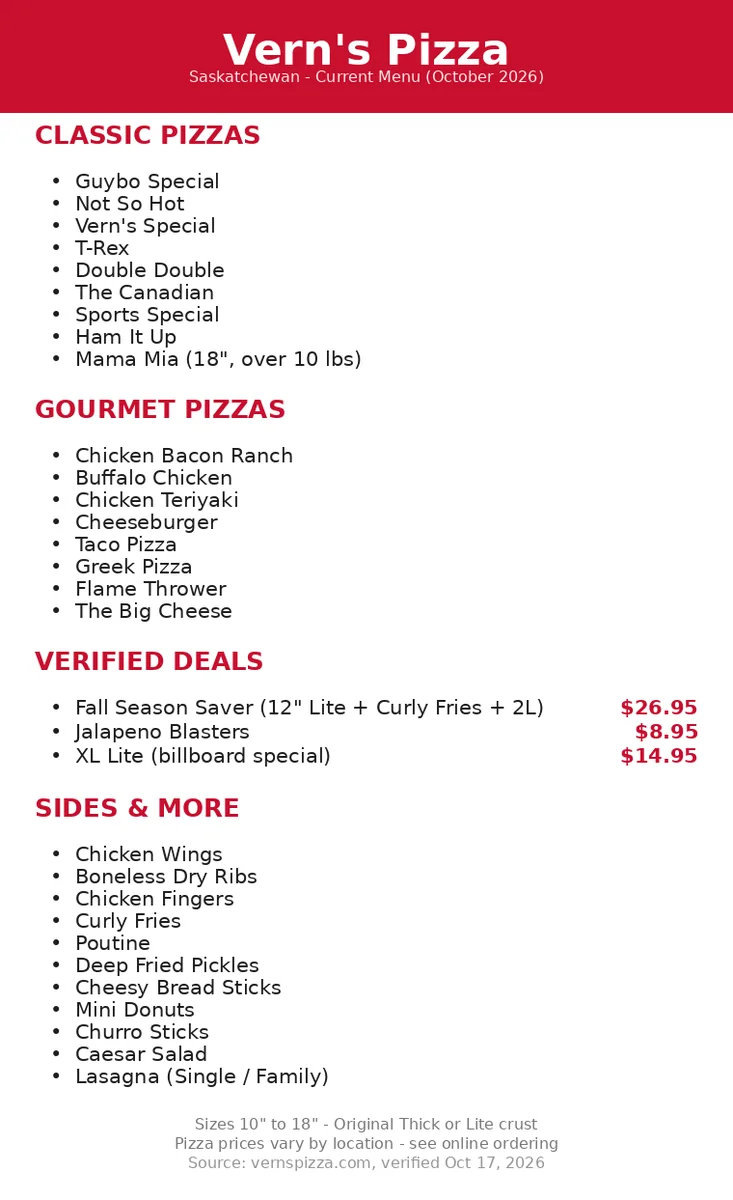 Vern's Pizza menu prices Canada: current menu card with classic and gourmet pizzas, verified deals and sides in CAD