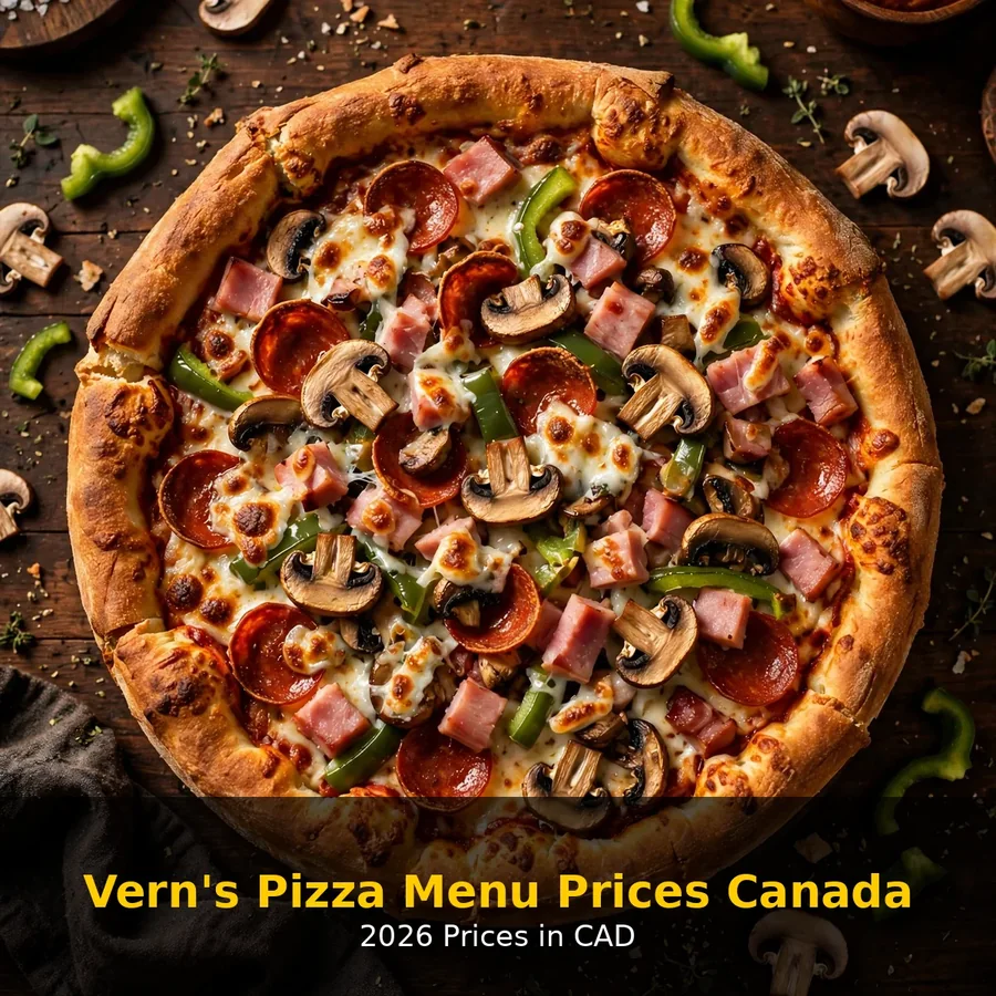 Vern's Pizza menu prices Canada 2026: thick crust pizza with pepperoni, mushrooms and peppers in Saskatoon