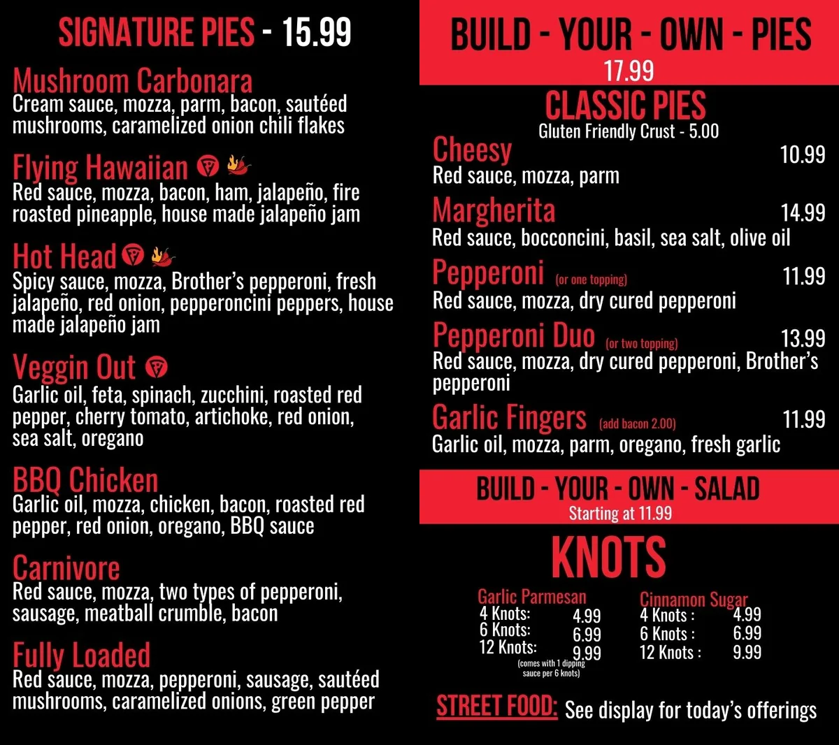 Vero Pizzeria menu prices, current official Vero Pizzeria Dartmouth menu card with signature pie, classic pie and knot prices in CAD